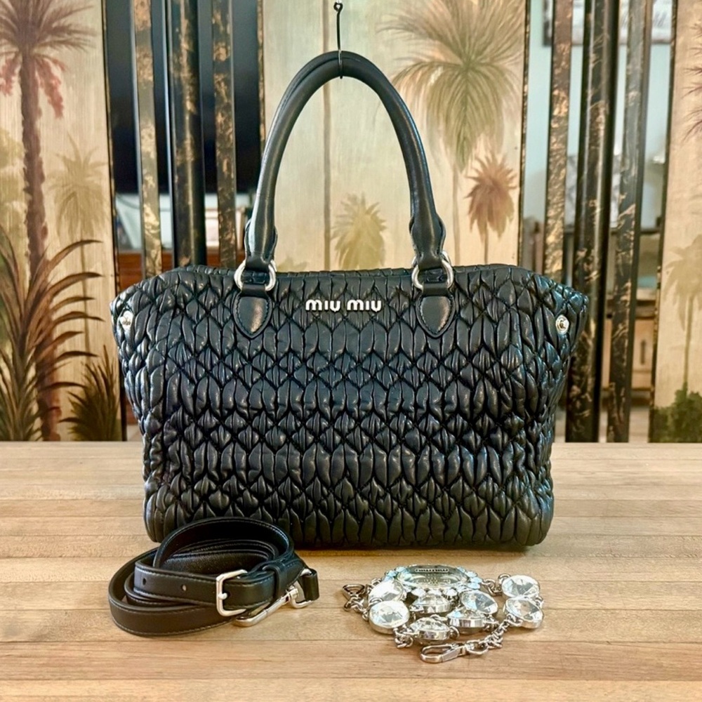 Miu Miu Black Matelassé Nappa Leather Crystal 2-Way Handbag Shoulder Tote Bag - Picture 6 of 16